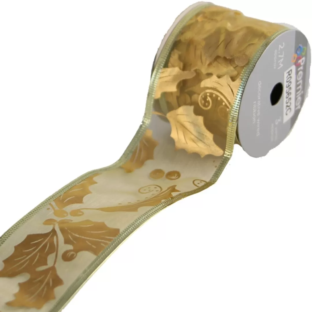 The Christmas Shop Ribbon | Gold Theme*Gold Ribbon With Holly Leaf Design