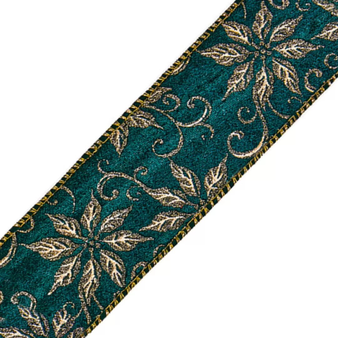 The Christmas Shop Ribbon*Green Wired Ribbon With Gold Flower Pattern