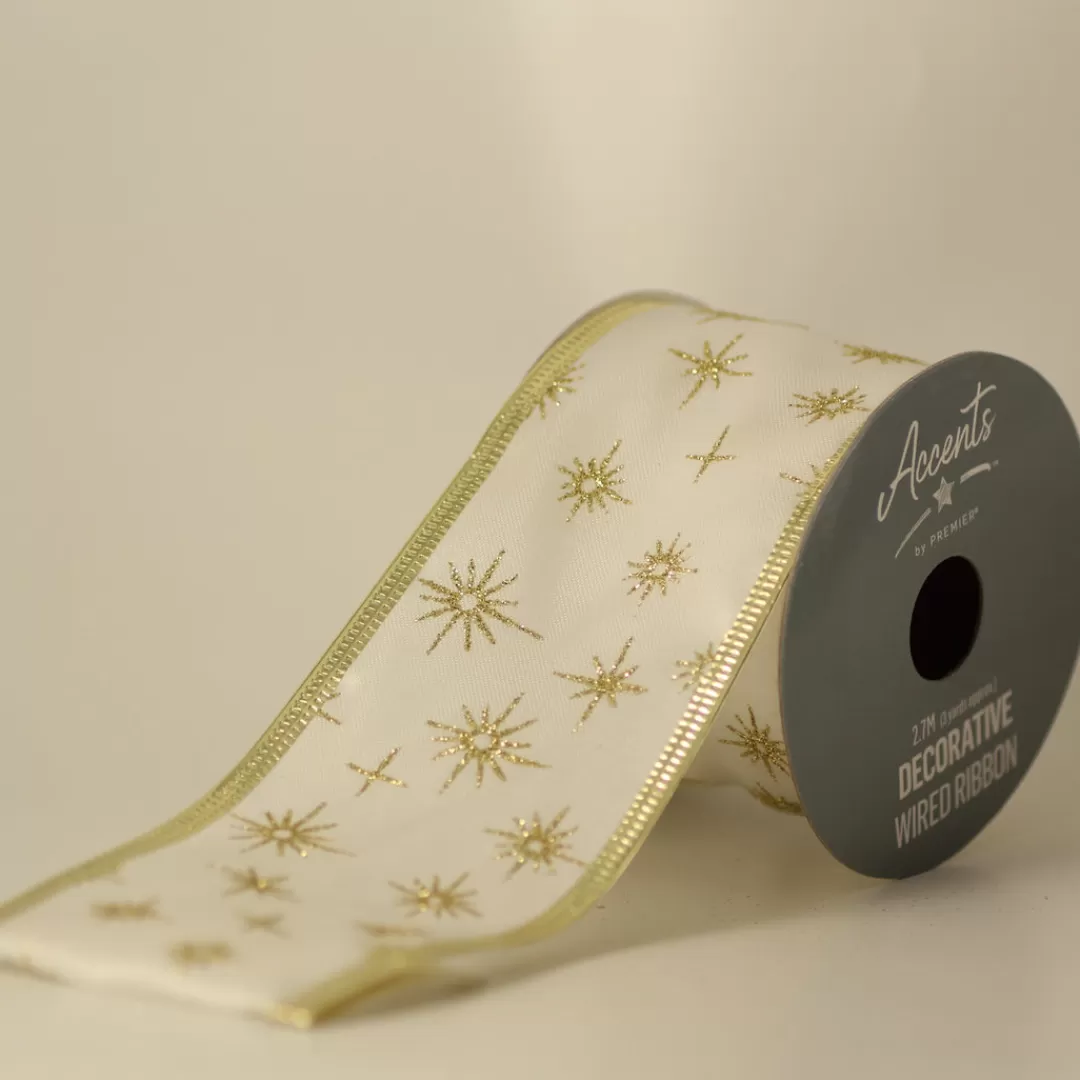 The Christmas Shop Ribbon | Gold Theme*Ivory Ribbon With Gold Glitter Stars