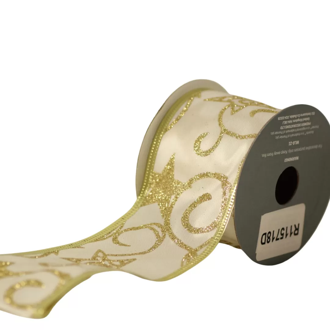 The Christmas Shop Ribbon | Gold Theme*Ivory Ribbon With Gold Glitter Swirls