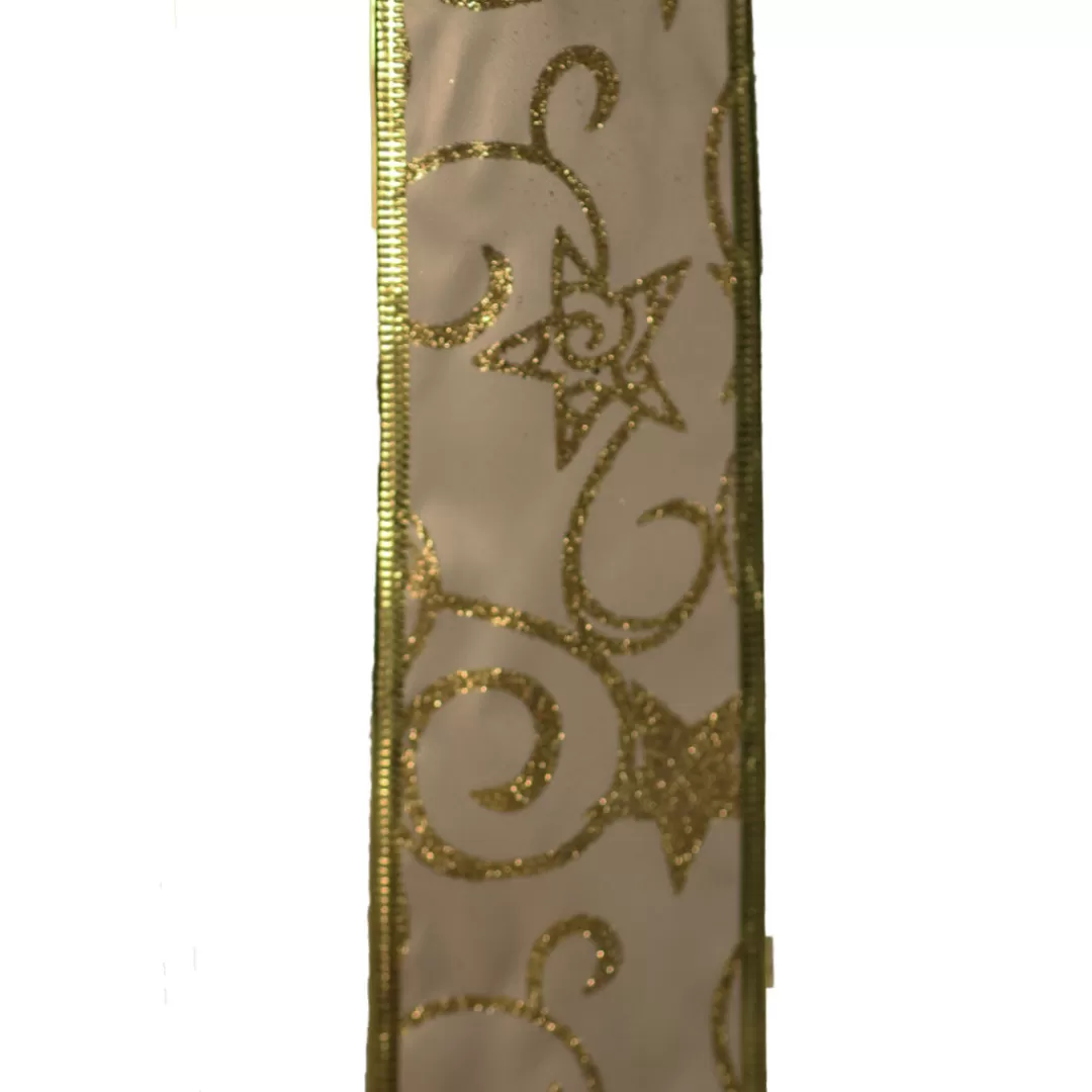 The Christmas Shop Ribbon | Gold Theme*Ivory Ribbon With Gold Glitter Swirls