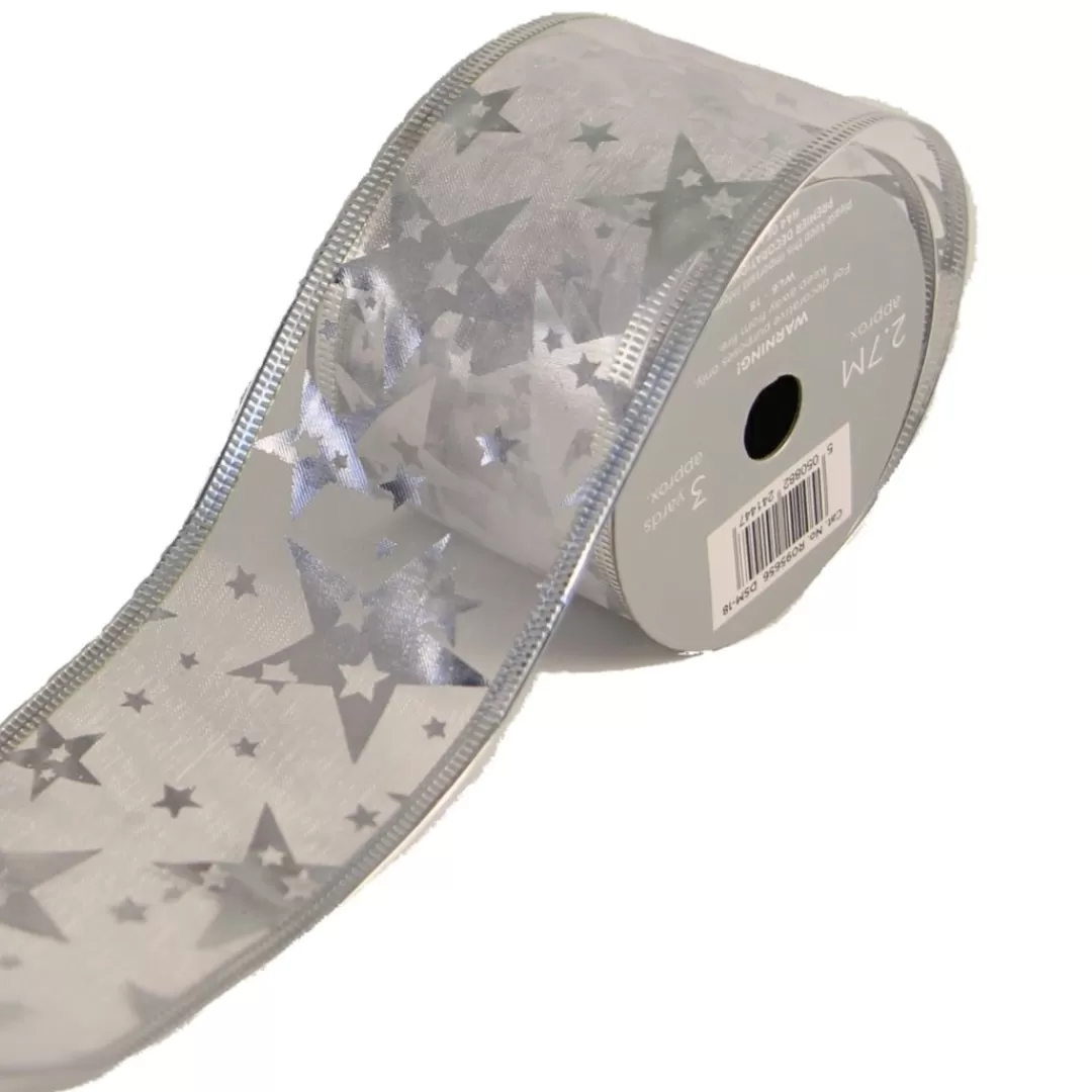 The Christmas Shop Ribbon | Silver & White Theme*Silver Ribbon With Star Design